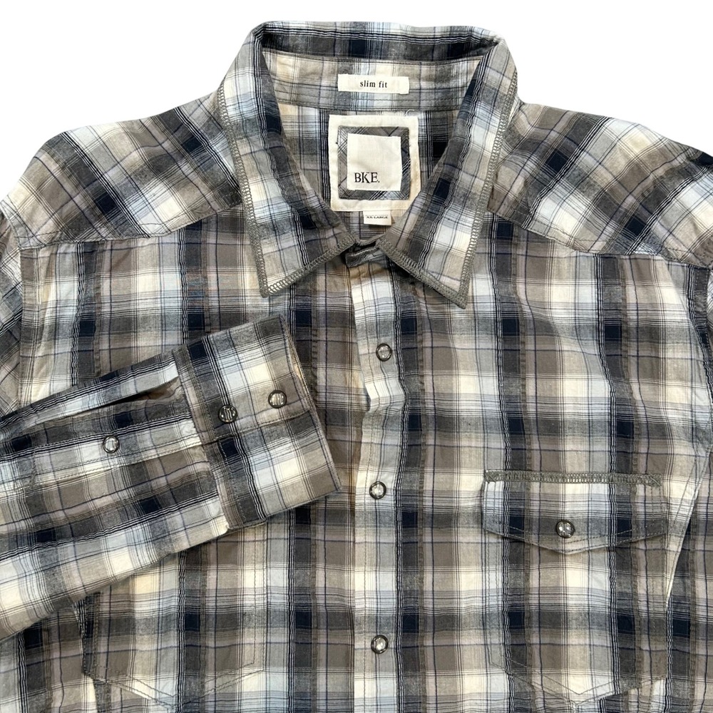 BKE Mens XX Large Slim Fit Plaid Long Sleeve Snap Front Shirt Casual Cotton‎